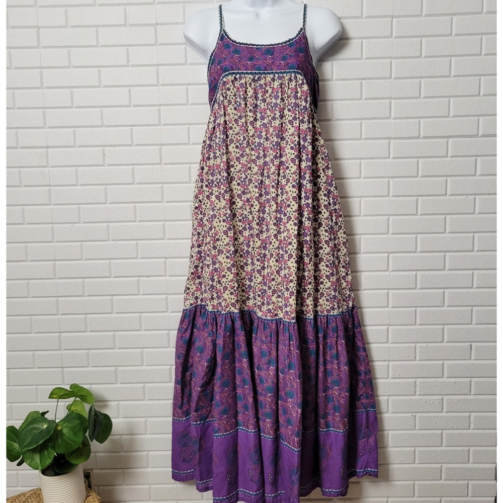 Vintage Natural Life Journey Floral Maxi Dress M Boho Tiered Sundress